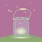 Glass bank lantern with fireflies lights on a pink background green glade rope handle vector illustration