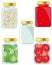 Glass banks with canned meal mushrooms,vegetables,compote.Vector illustration