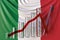 Glass bar chart with downward trend against flag of Italy. Financial crisis or economic meltdown related conceptual 3D