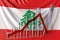 Glass bar chart with downward trend against flag of Lebanon. Financial crisis or economic meltdown related conceptual 3D