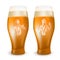 Glass with a bartender engraved emblem to International Beer Day. Vector realistic illustration of two cups of light beverage with