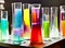 Glass beakers filled with colorful liquid