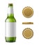 Glass beer bottle mockup. Realistic 3d drink packaging, alcohol green bottle with labels and different angles metal cap