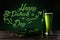 Glass of beer and bottles on wooden tabletop with happy st patricks day lettering