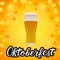 Glass of beer on bright yellow orange background with fall leaves and hand drawn lettering Oktoberfest. Lager beer froth and