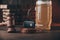 Glass of beer, car keys and judge gavel on a wooden table. Alcohol and car accidents concept