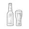 Glass beer and close beer bottle. Vector engraving vintage