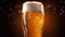 Glass of beer with foam and bubbles on a dark background with bokeh. Glass of light beer with foam on a golden background. Close-