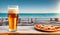 glass beer and pizza on the beach