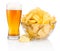 Glass of beer and Potato chips in glass bowl isolated on white