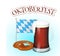 Glass of beer with pretzel, flag of Bavaria and lettering. Background for beer festival Oktoberfest in cartoon style
