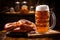 A glass of beer with a pretzel on a wooden table, Oktoberfest 3