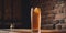 A glass of beer sitting on top of a wooden table. AI generative image.