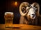 a glass of beer stands on a wooden table, there is a ram near the table