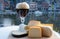 Glass of Belgian abbey beer and tasting of cheeses made with trappist beer and fine herbs with view on Maas river in Dinant,