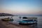 Glass boats wait for tourists at sunrise, Aqaba