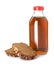 Glass bottle of delicious kvass and bread slices on white background. Refreshing drink
