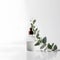 Glass bottle of essential oil with eucalyptus branch on white background