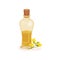 Glass bottle of fresh rapeseed oil and small yellow flowers. Natural product. Cooking ingredient. Flat vector icon