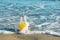 Glass Bottle with Freshly Pressed Tropical Fruits Juice with Straw Standing on Beach Sand Washed by Blue Turquoise Foamy Sea Waves