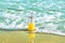 Glass Bottle with Freshly Pressed Tropical Fruits Juice with Straw Standing in Splashes on Beach Sand Washed by Blue Turquoise Sea