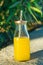 Glass Bottle with Freshly Pressed Tropical Fruits Juice Straw Standing on Stone. Green Palm Tree Leaves in Background