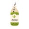 Glass bottle full of cold green matcha drink. Refreshing Japanese iced tea or coffee with straw. Traditional natural