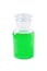 Glass bottle with green liquid isolated on white, medicine, soap, shampoo, dish washing, shower gel, herbal extract, chemistry, mo