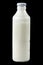 Glass bottle of kefir with scale isolated on black background