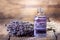 Glass bottle of lavender essential oil