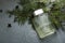 Glass bottle of lotion after shave and fresh green fir branches on the wet grey surface.Concept of freshness and forest smells