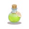 Glass bottle with magic elixir and label with mysterious symbol. Green potion. Item for mobile game. Flat vector design