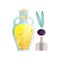 Glass bottle of olive oil and garlic, organic healthy oil product and spice vector Illustration on a white background