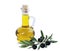 Glass bottle of premium olive oil and some ripe olives with a branch isolated