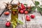 Glass bottle of rosehip seed essential oil with fresh fruits on a wooden table. Tincture or essential oil with rose hips