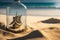 A glass bottle with a small antique ship inside the bottle, resting on a beach sand dune against a beautiful ocean backdrop.