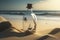 A glass bottle with a small antique ship inside the bottle, resting on a beach sand dune against a beautiful ocean backdrop.