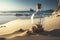 A glass bottle with a small antique ship inside the bottle, resting on a beach sand dune against a beautiful ocean backdrop.