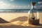 A glass bottle with a small antique ship inside the bottle, resting on a beach sand dune against a beautiful ocean backdrop.