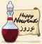 Glass Bottle with Vinegar and Scroll for Haft-Seen in Nowruz, Vector Illustration