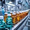 Glass bottles on automated conveyor line in pharmaceutical manufacturing setting