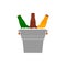Glass bottles beer in a metal bucket with ice cubes. Vector illustration, clipart. Green, yellow, brown bottles beer.
