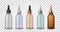 Glass bottles with dropper. 3d realistic cosmetic blank vials for essential oil liquid, collagen serum vector mockup