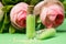 glass bottles with green granules with roses