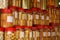 Glass bottles with sponge rusks in chinese candy shop