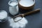 Glass bowl of baking soda. Spoonful of bicarbonate. Baking soda, Sodium bicarbonate, NaHCO3