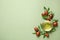 Glass bowl with jojoba oil and seeds on green background. Space for text