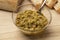 Glass bowl with traditional homemade green olive tapenade