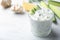 Glass bowl of Tzatziki cucumber sauce with ingredients