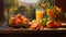 a glass brimming with freshly squeezed orange juice placed amidst a selection of ripe, fresh fruits on a rustic wooden